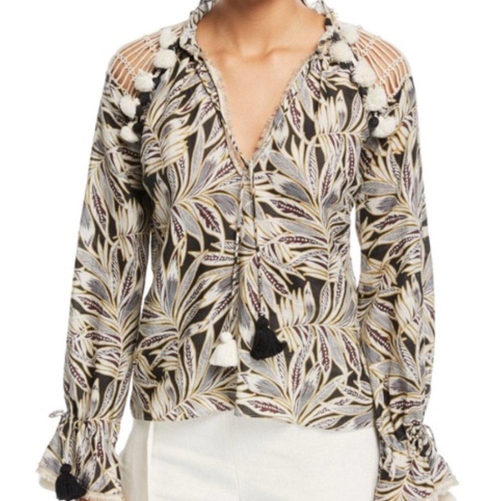 Alexis Seila Pom Trim Palm Printed Top